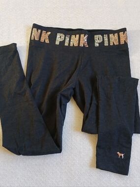 PINK ♡ yoga sequin cotton leggings medium gold gray victorias secret